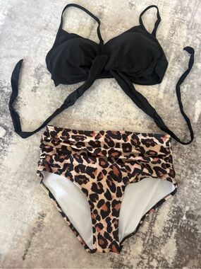 Black Twist Bikini Top with Leopard High-Waist Bottoms